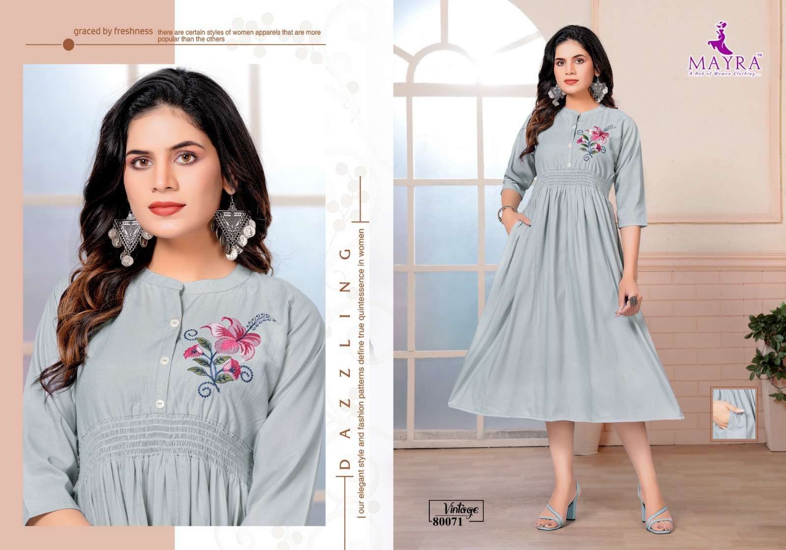 MAYRA - VINTAGE - FANCY BOMBAY VISCOSE LYCRA FABRICS EMBROYDREY WORK UMBRELLA TOP WITH SMOKE WORK CONCEPT-80071